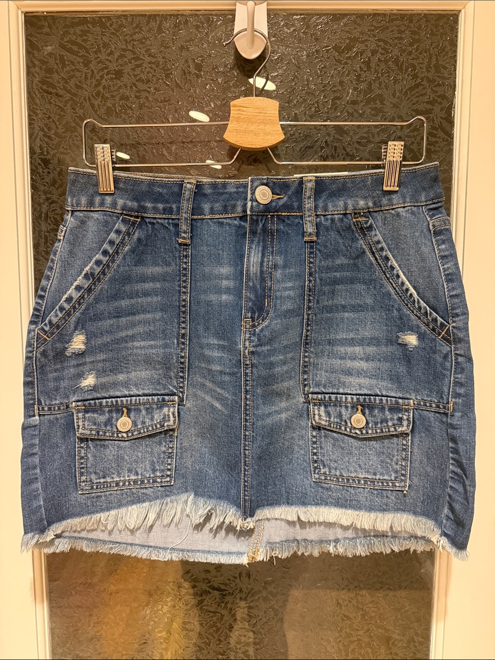 SO Stretch Blue Denim Cargo Mini Skirt with freyed hem junior 11